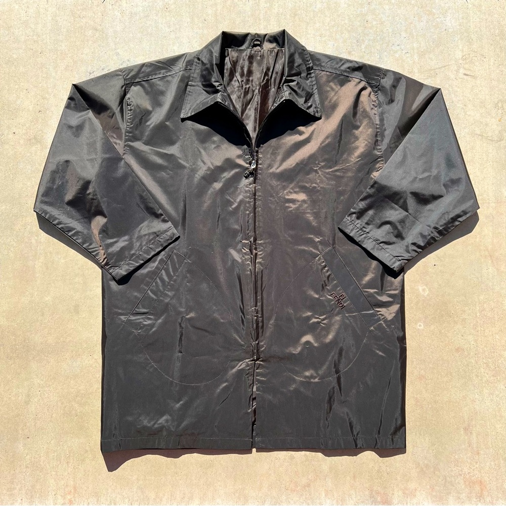 Womens vintage Fendi polyamide windbreaker jacket coat zip brown chocolate shiny - Picture 1 of 6